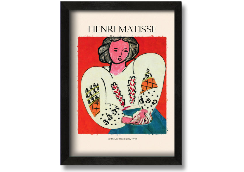 La Blouse Roumaine, 1940 by Henri Matisse, a vibrant canvas print mounted on a box frame, showcasing bold colors and expressive forms.